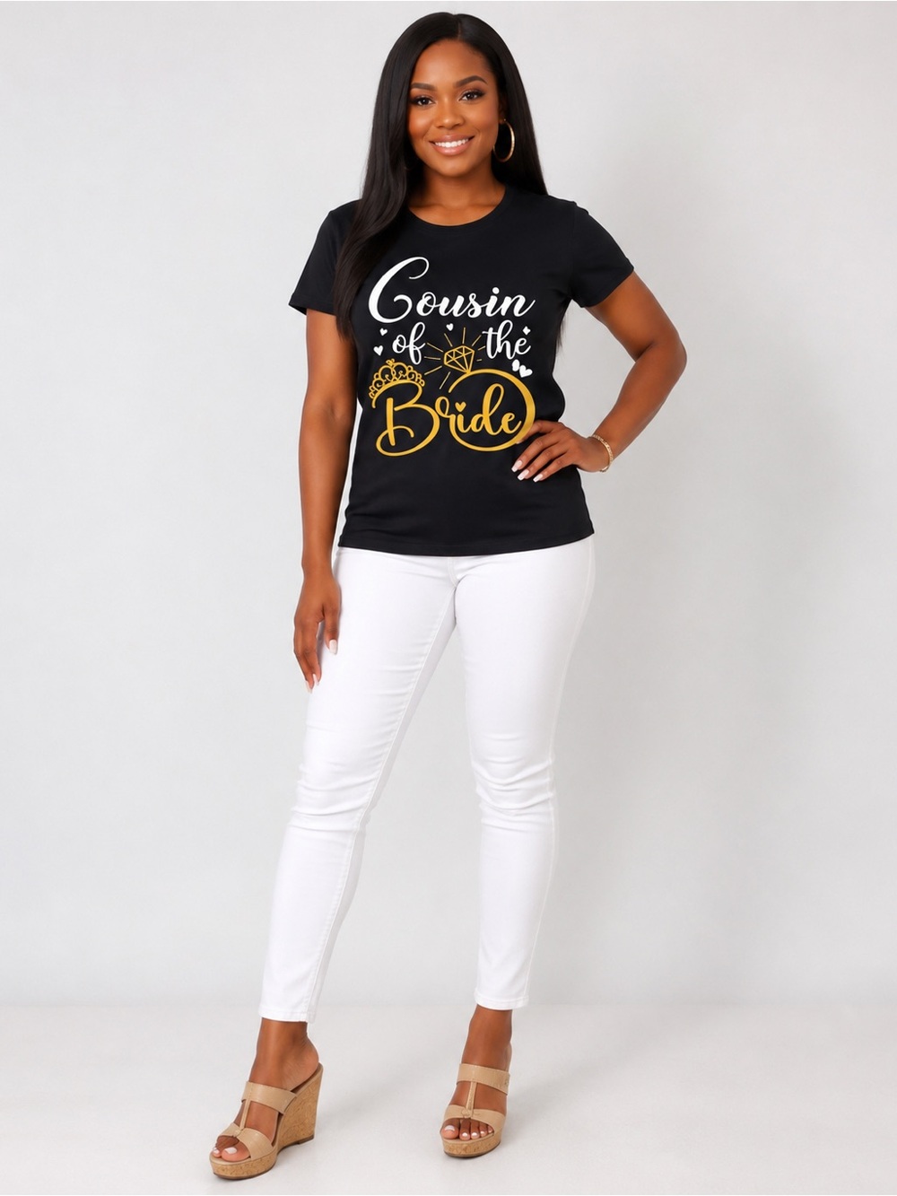 Cousin of the Bride Wedding Large Black, White & Gold Graphic T-Shirt Never Worn